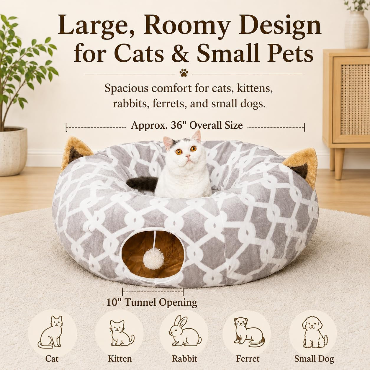 Large Cat Tunnel Bed with Fluffy Toy Balls, Small Cushion and Flexible Design