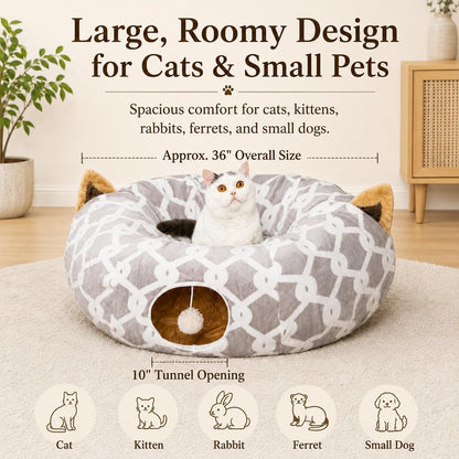 Large Cat Tunnel Bed with Fluffy Toy Balls, Small Cushion and Flexible Design
