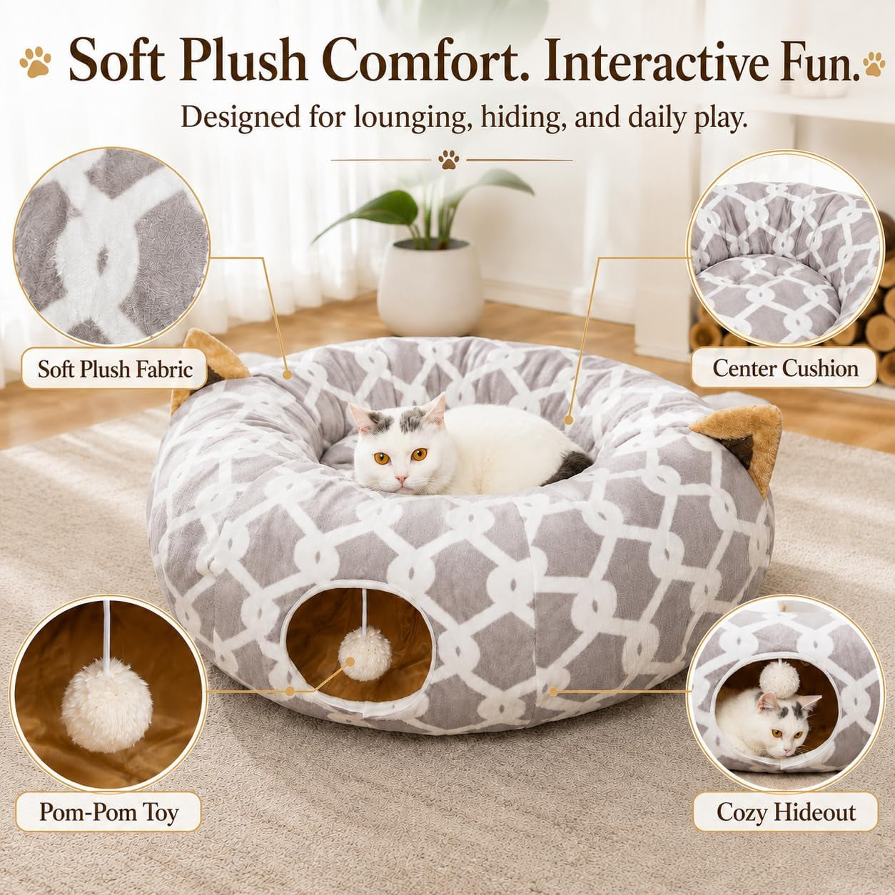 Large Cat Tunnel Bed with Fluffy Toy Balls, Small Cushion and Flexible Design