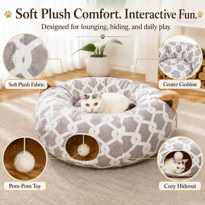 Large Cat Tunnel Bed with Fluffy Toy Balls, Small Cushion and Flexible Design