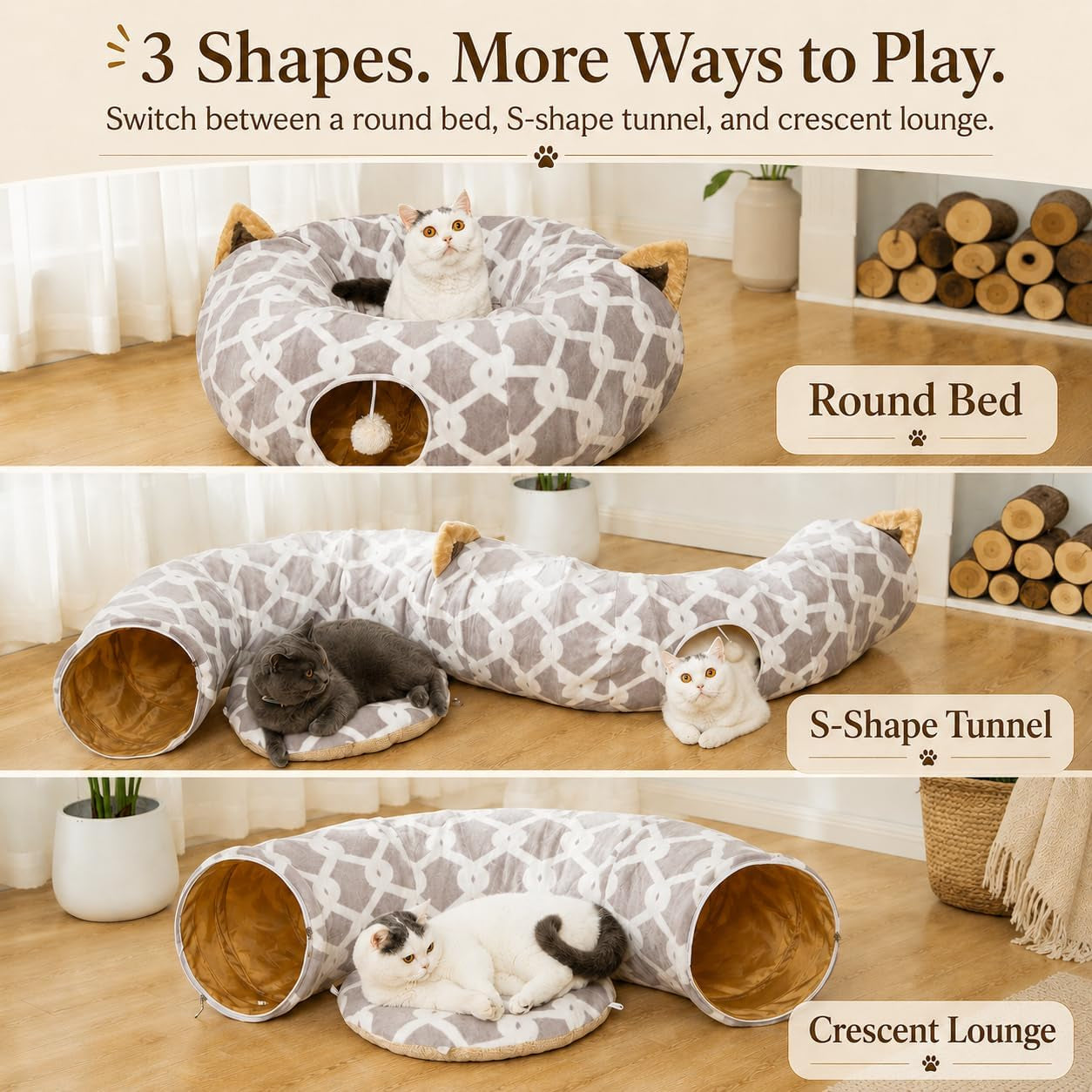 Large Cat Tunnel Bed with Fluffy Toy Balls, Small Cushion and Flexible Design