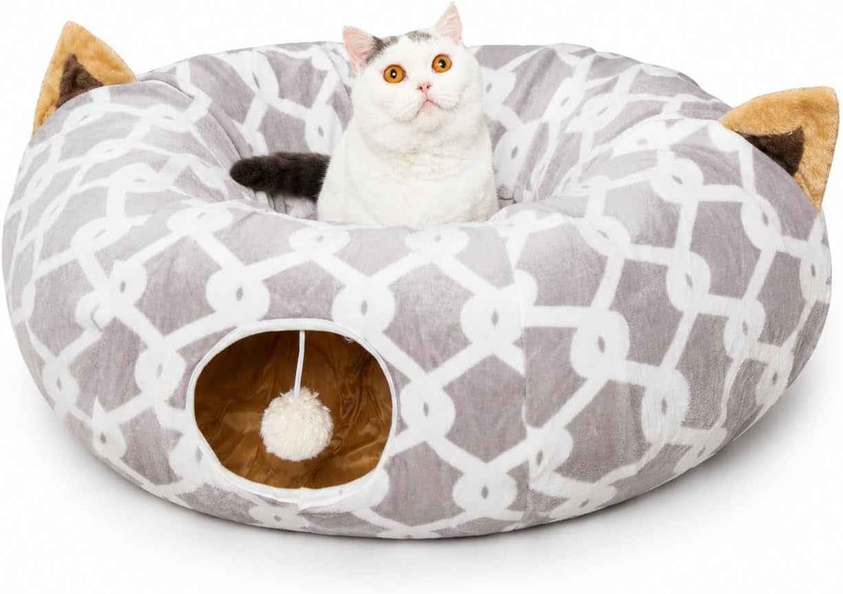 Large Cat Tunnel Bed with Fluffy Toy Balls, Small Cushion and Flexible Design