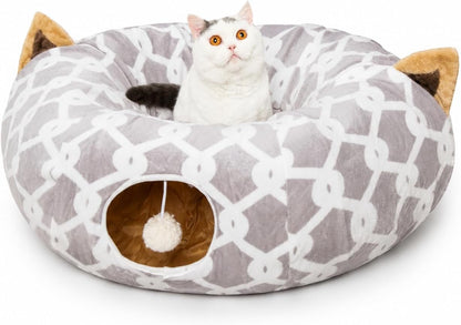 Large Cat Tunnel Bed with Fluffy Toy Balls, Small Cushion and Flexible Design