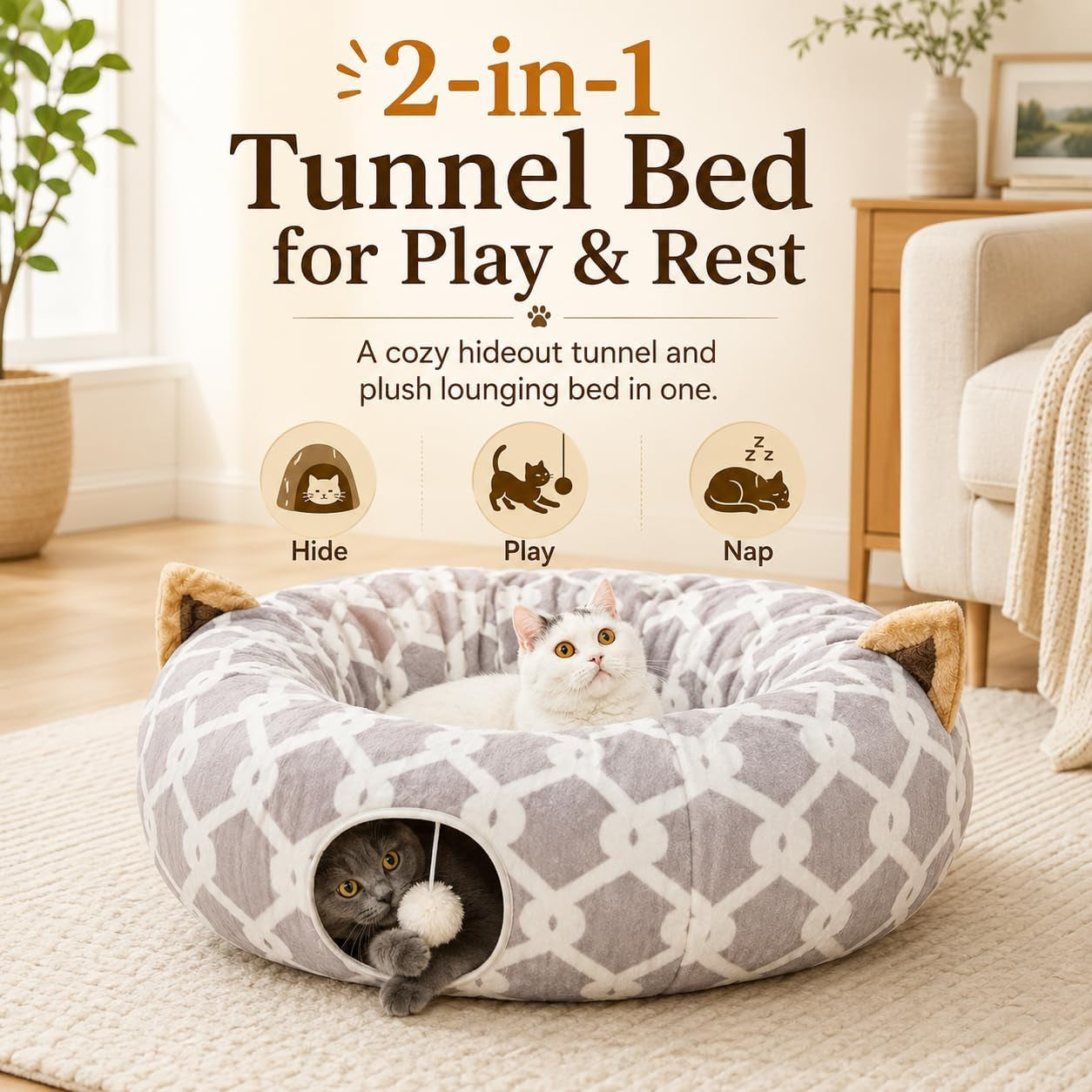Large Cat Tunnel Bed with Fluffy Toy Balls, Small Cushion and Flexible Design