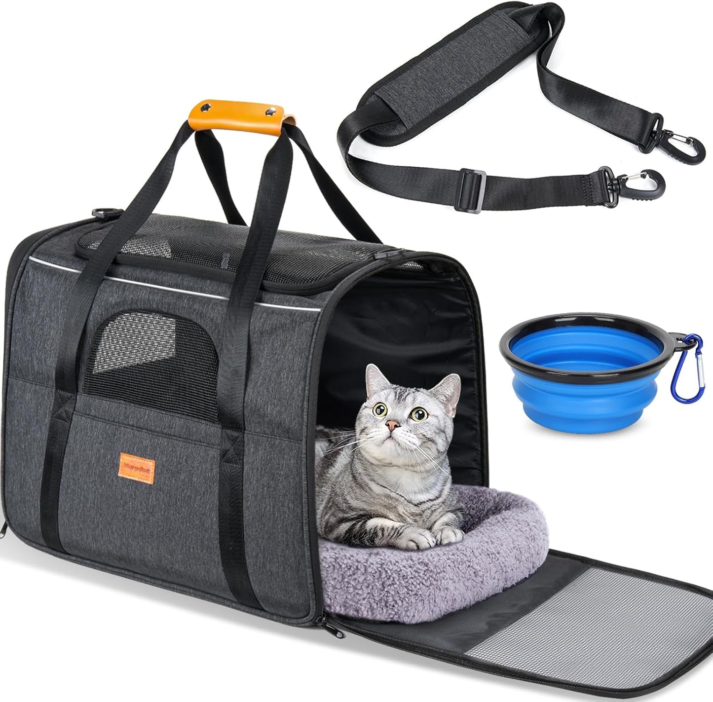 Cat Carrier - Cat Carrier Soft for Medium or Large Cats up to 20Lbs, with Dual-Sided Cushion, Secure Buckle and Foldable Bowl, Dog Carriers for Small Dogs - Pet Carrier (Dark Gray) | with Dual-Sided Cushion, Secure Buckle and Foldable Bowl, Dog Carriers for Small Dogs - Pet Carrier (Dark Gray)