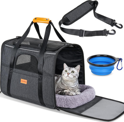 Cat Carrier - Cat Carrier Soft for Medium or Large Cats up to 20Lbs, with Dual-Sided Cushion, Secure Buckle and Foldable Bowl, Dog Carriers for Small Dogs - Pet Carrier (Dark Gray) | with Dual-Sided Cushion, Secure Buckle and Foldable Bowl, Dog Carriers for Small Dogs - Pet Carrier (Dark Gray)