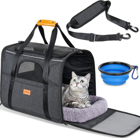 Cat Carrier - Cat Carrier Soft for Medium or Large Cats up to 20Lbs, with Dual-Sided Cushion, Secure Buckle and Foldable Bowl, Dog Carriers for Small Dogs - Pet Carrier (Dark Gray) | with Dual-Sided Cushion, Secure Buckle and Foldable Bowl, Dog Carriers for Small Dogs - Pet Carrier (Dark Gray)