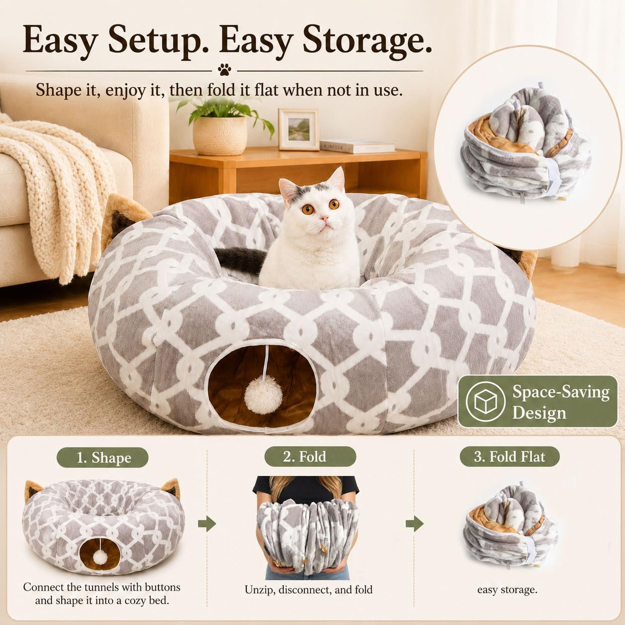 Large Cat Tunnel Bed with Fluffy Toy Balls, Small Cushion and Flexible Design